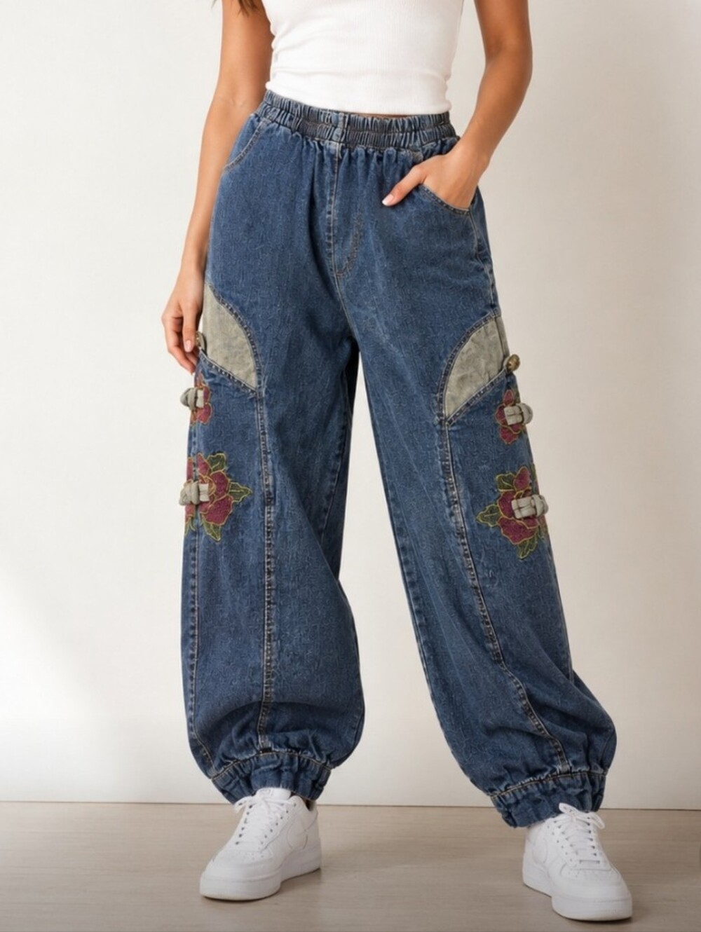 Rare Vintage Y2K Hip Hop Wide Leg Denim Jogger Pants Rose Embroidery